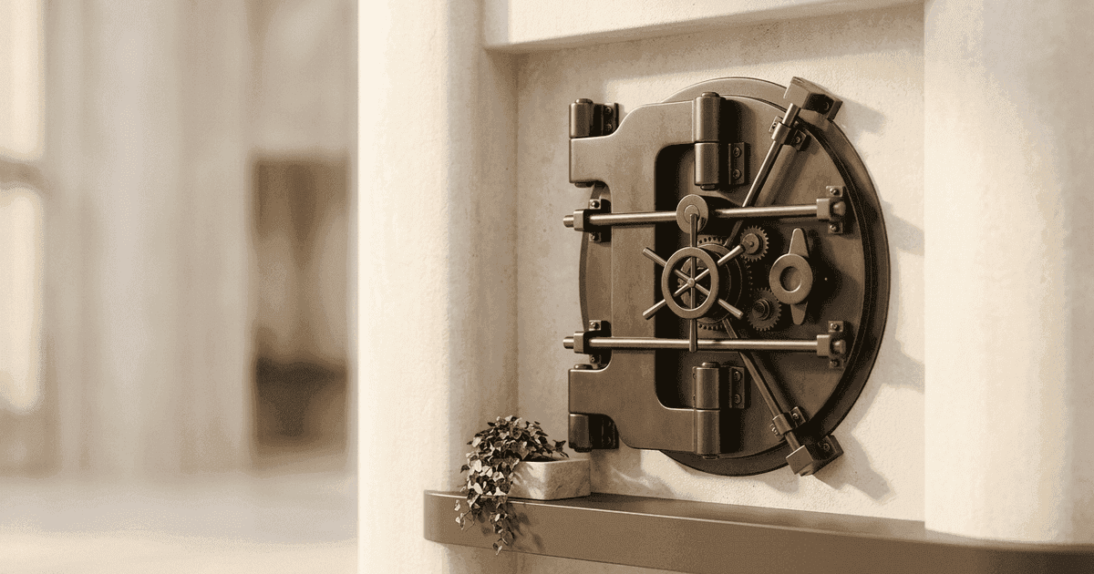 Editorial image of a bronze bank vault door set into a pale stone wall, representing bank lending to high-growth firms with intangible assets