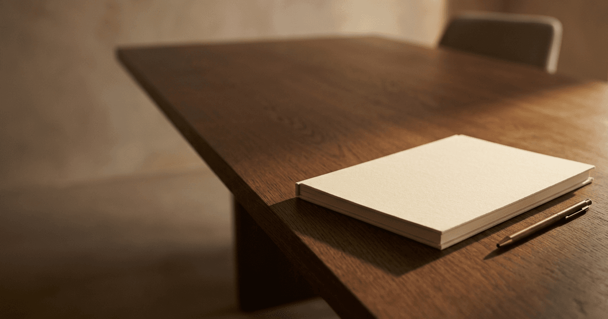 Abstract editorial still life for a board pack guide: a closed cream folio of board papers and a brass pen at the head of an empty dark oak boardroom table in warm afternoon light, ready for the directors' meeting