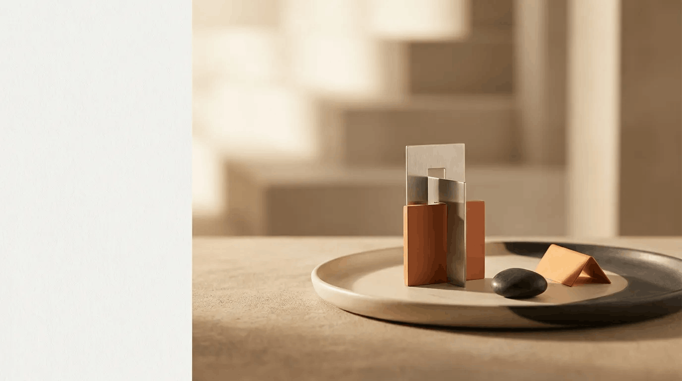 Abstract editorial still life for business asset disposal relief: tiered orange and brushed-steel forms on a cream and charcoal dish, suggesting the layers of capital gains tax when selling a business