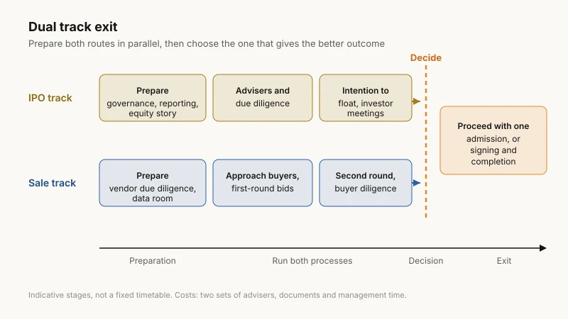 Dual track exit timeline: an IPO track and a trade or private equity sale track run in parallel from preparation to a decision point, then one route proceeds to completion