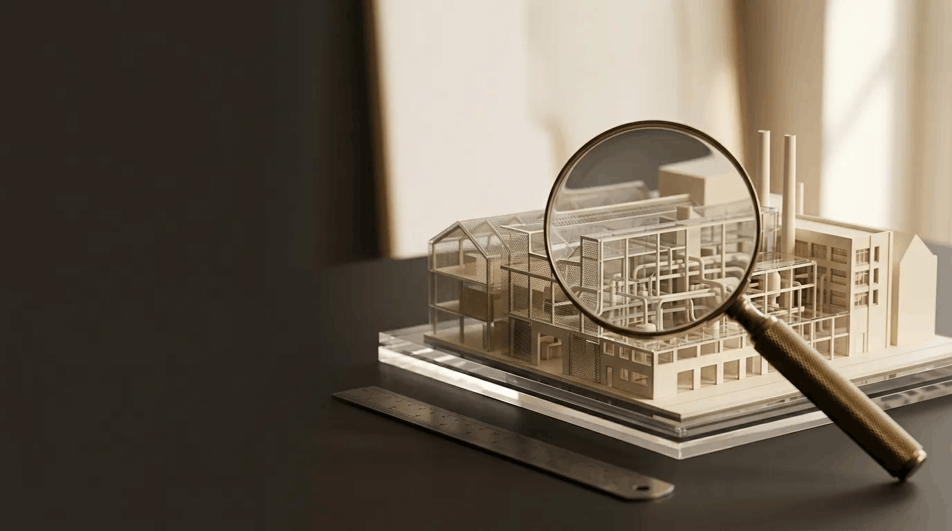 A cream architectural model of a business under a brass magnifying glass on a dark desk, representing how each buyer examines a business when an owner compares business exit strategies