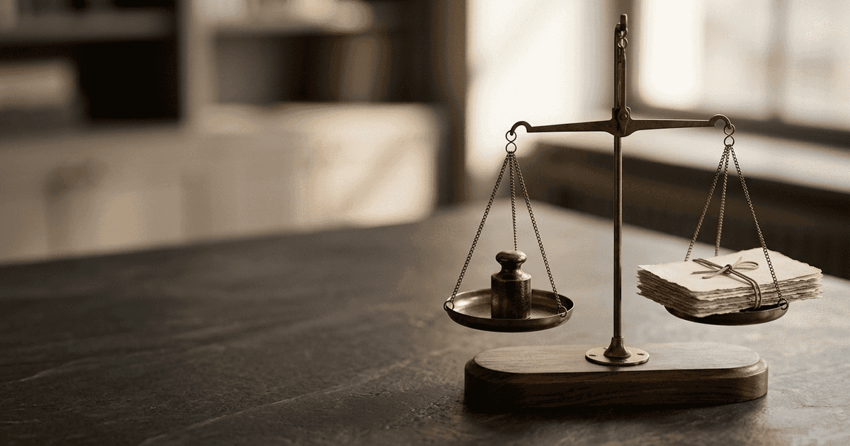 Abstract editorial still life for a business valuation report: a brass balance scale on a dark stone desk, a weight in one pan and a tied bundle of documents in the other, suggesting a value weighed against its evidence