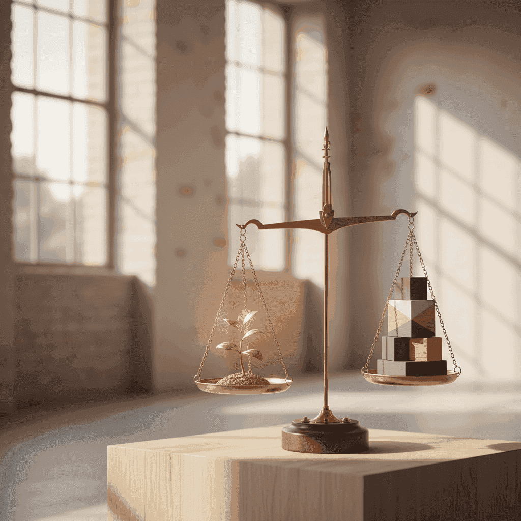 An abstract editorial composition of a cap-table ledger surface with a layered intangible asset register hovering above it, rendered in warm neutral tones with navy and gold accents — representing two complementary layers of the same company.
