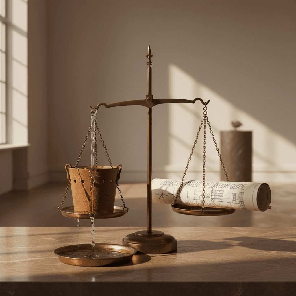 Editorial illustration of cleantech patent geometry — overlapping technology clusters (solar, wind, storage, hydrogen) with method-selection geometry, dark palette with brand accents.