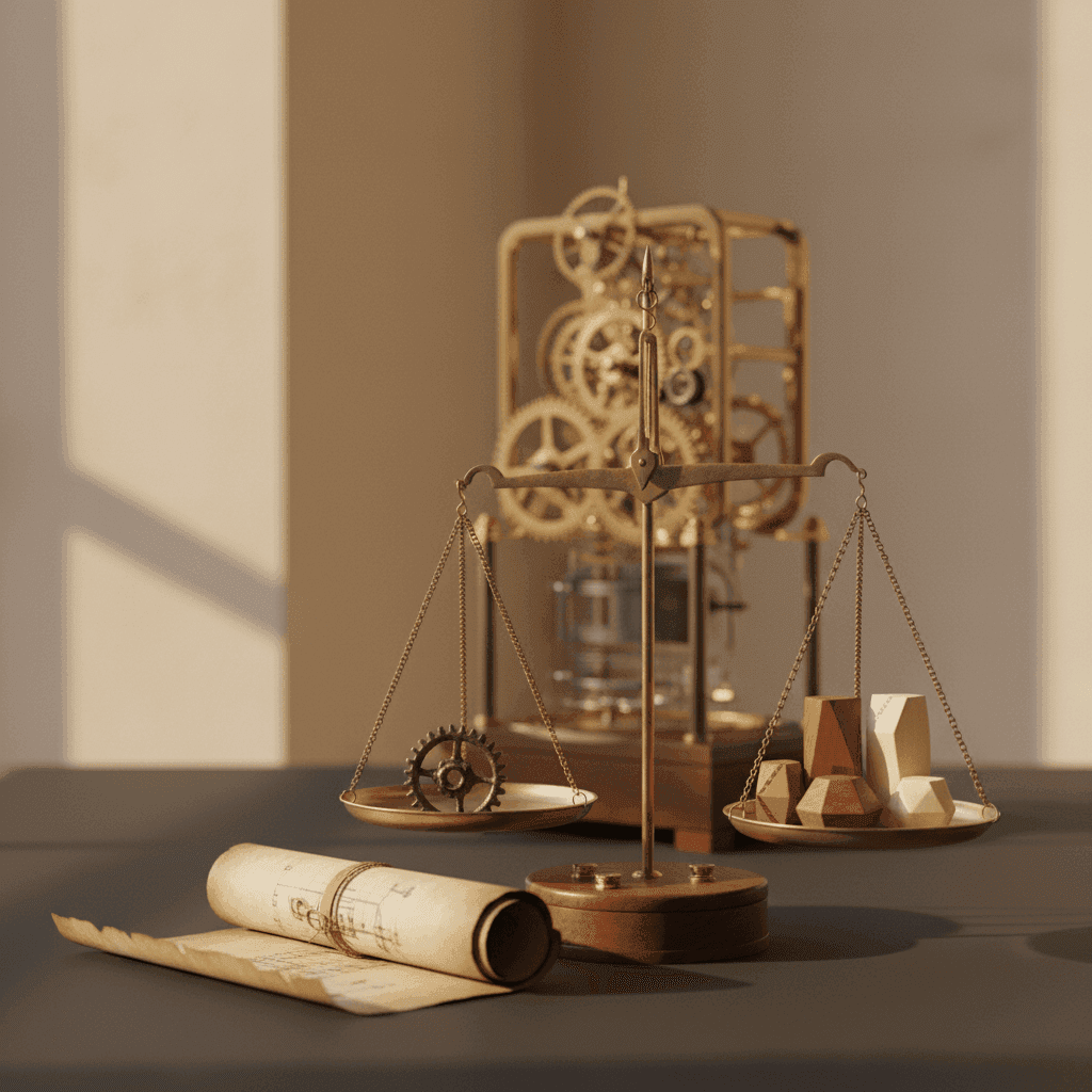 Abstract editorial illustration of the Cost approach to intangible asset valuation showing the build-up of replacement cost, developer's profit, and obsolescence adjustments