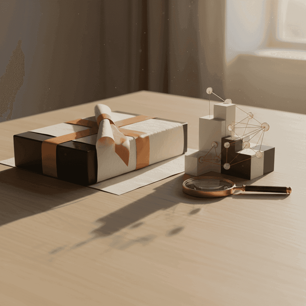 Abstract editorial illustration representing customer relationships as a startup intangible asset, with interconnected geometric nodes in warm neutral tones and brand accent highlights