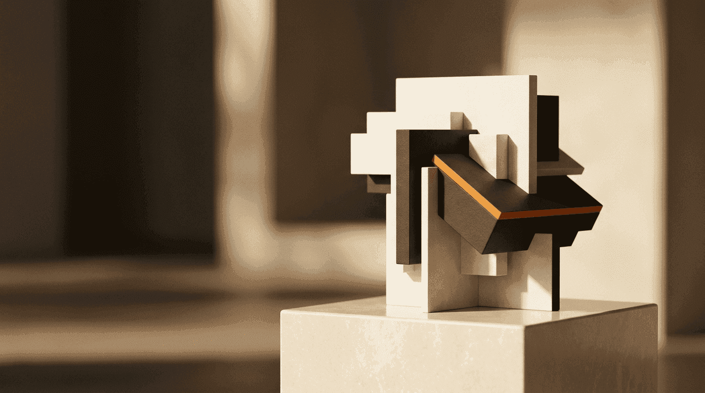 Abstract editorial illustration of a business sale earn-out shown as staggered warm geometric payment tranches over a timeline with a teal accent bar