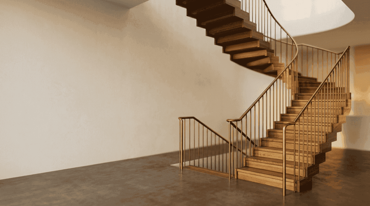A curving timber staircase rising through a bright atrium, representing how an equity story builds from outcomes to the intangible assets and defensibility behind them