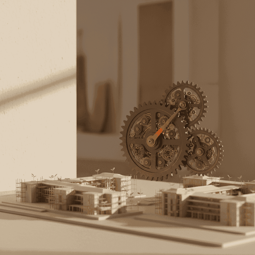 An abstract editorial composition of a forked pathway diverging from a single share-register surface, rendered in warm neutral tones with navy and gold accents, representing the decision to evaluate an alternative platform for intangible asset measurement.