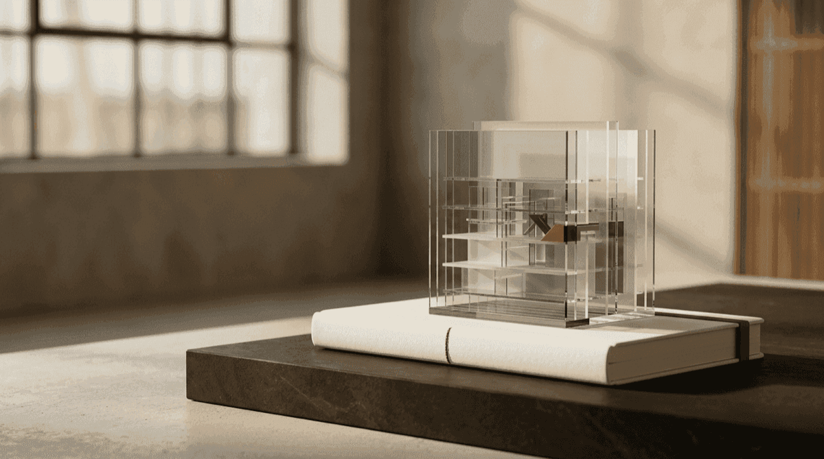 A layered clear acrylic structure resting on a closed book, representing the documented financial position and prospects procedures (FPPP) behind a UK IPO board