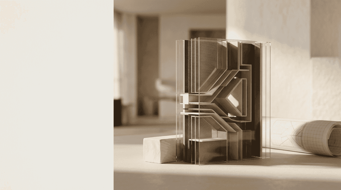 Layered glass panels forming an architectural model beside a rolled-up plan, representing the choice between FRS 102 and IFRS that AIM companies now make for their intangible assets