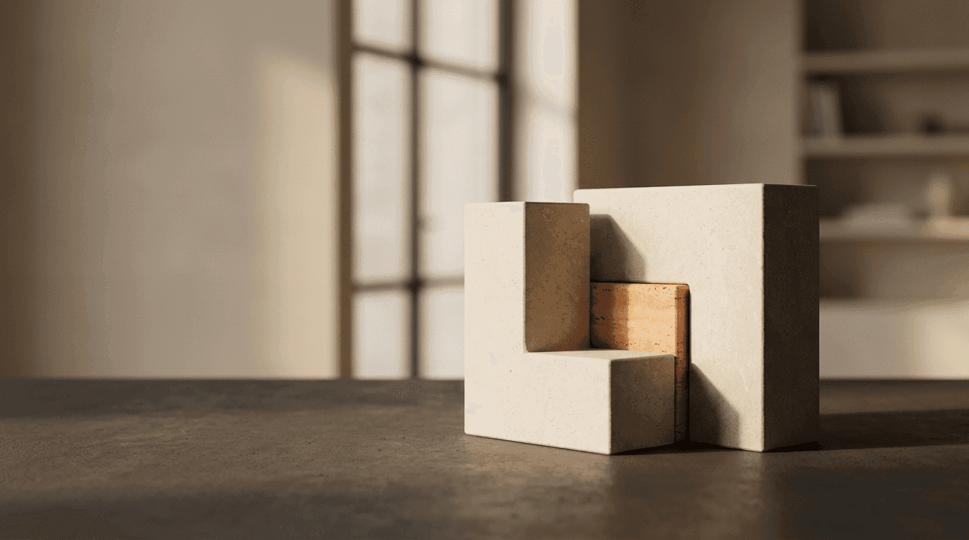 Abstract editorial illustration of a platform company acquiring smaller bolt-on businesses shown as interlocking geometric blocks in warm neutral tones with a gold accent