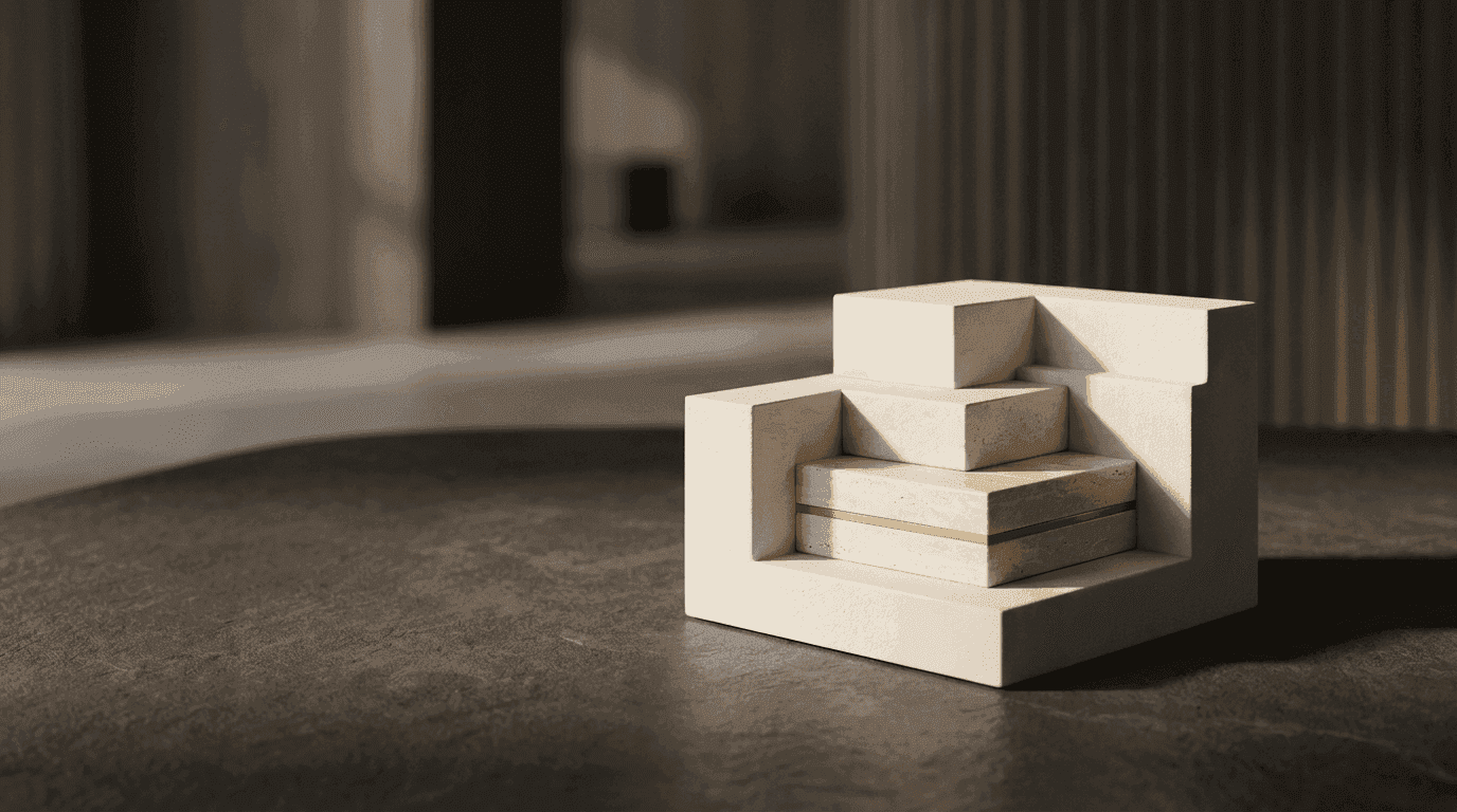 Abstract editorial illustration of a business attracting several buyers, shown as converging geometric paths meeting at a central form in warm neutral tones with an orange accent