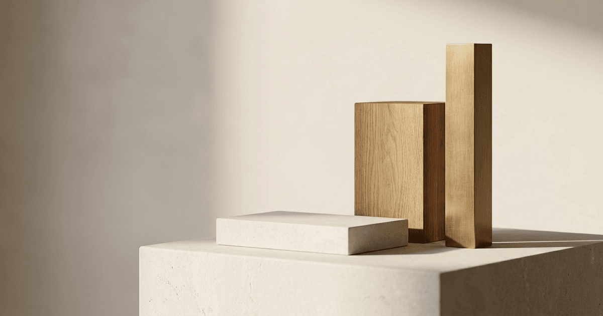 Abstract still life for how to value a business: three geometric forms of stone, oak and brass at different heights on a pale plinth, one for each valuation approach
