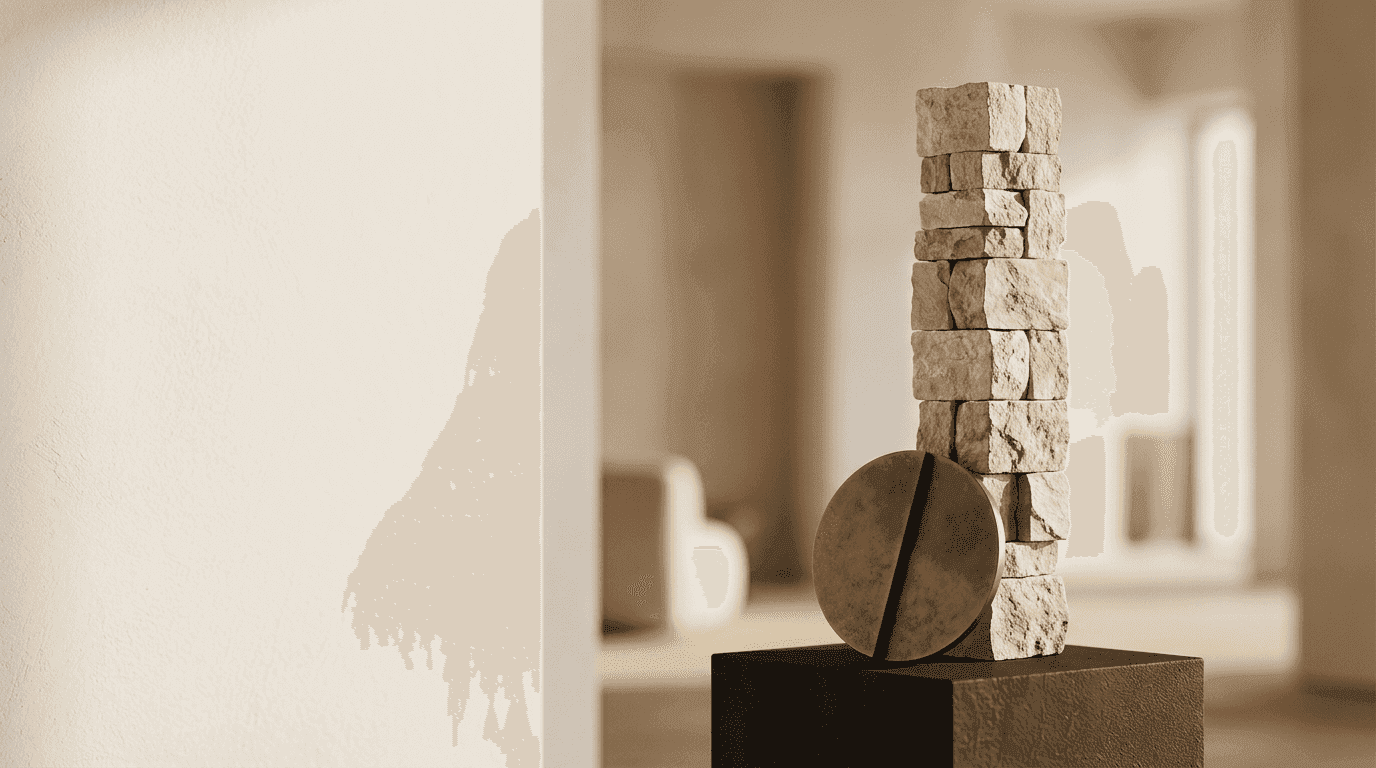 A column of stacked stone blocks on a plinth with a bronze disc at its base, representing a development cost capitalisation policy built up under IAS 38