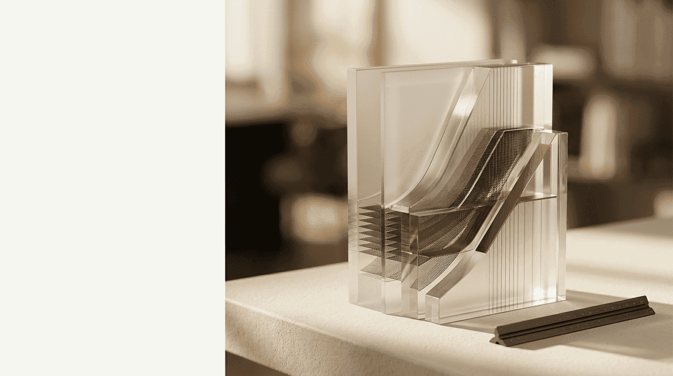 Layered glass panels with fine ruled lines beside a ruler, representing the line-by-line reconciliation in an IAS 38 intangible assets disclosure note