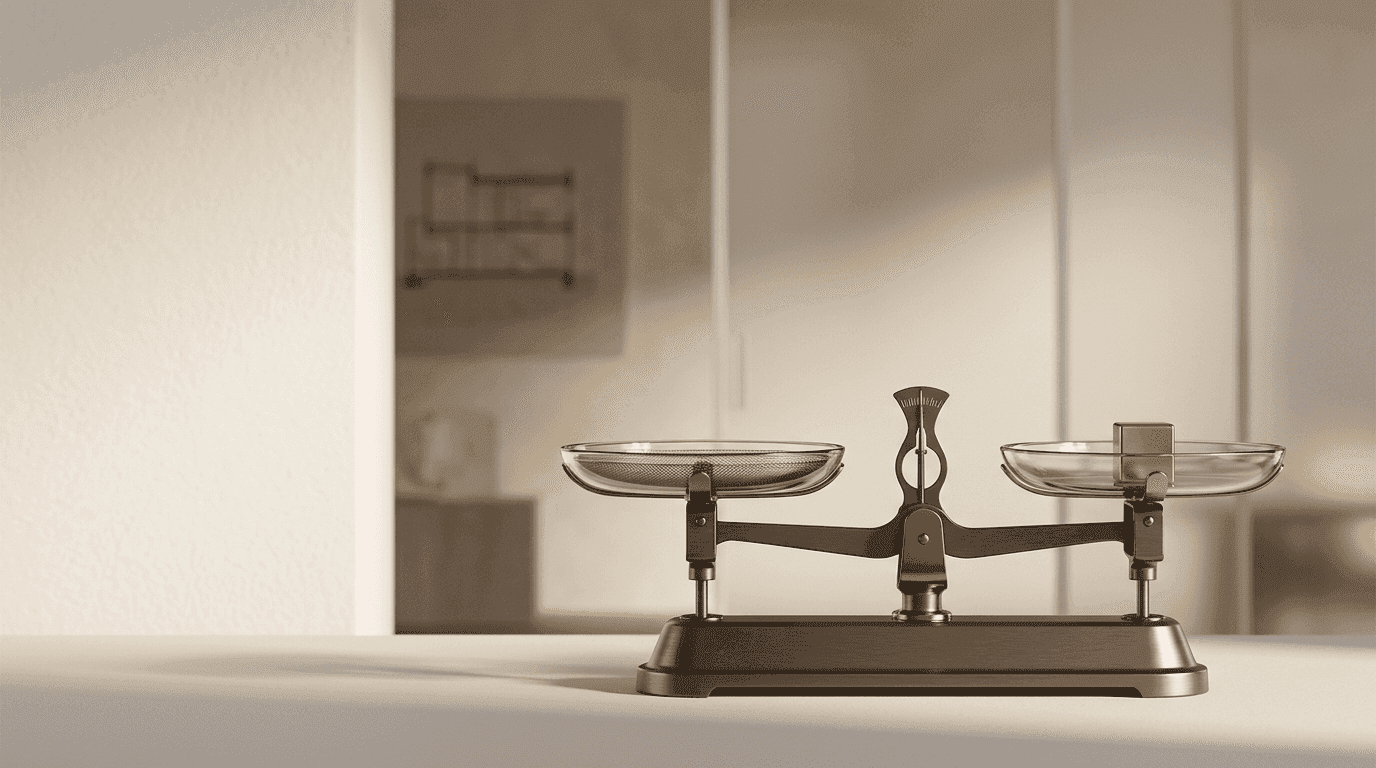 A balance scale with a single weight on one pan, representing the recognition and measurement judgements in the IAS 38 worked examples