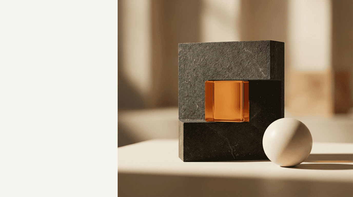 A dark stone block framing an amber glass cube beside a pale sphere, representing the opening IFRS statement of financial position set at the date of transition in an IFRS 1 first-time adoption