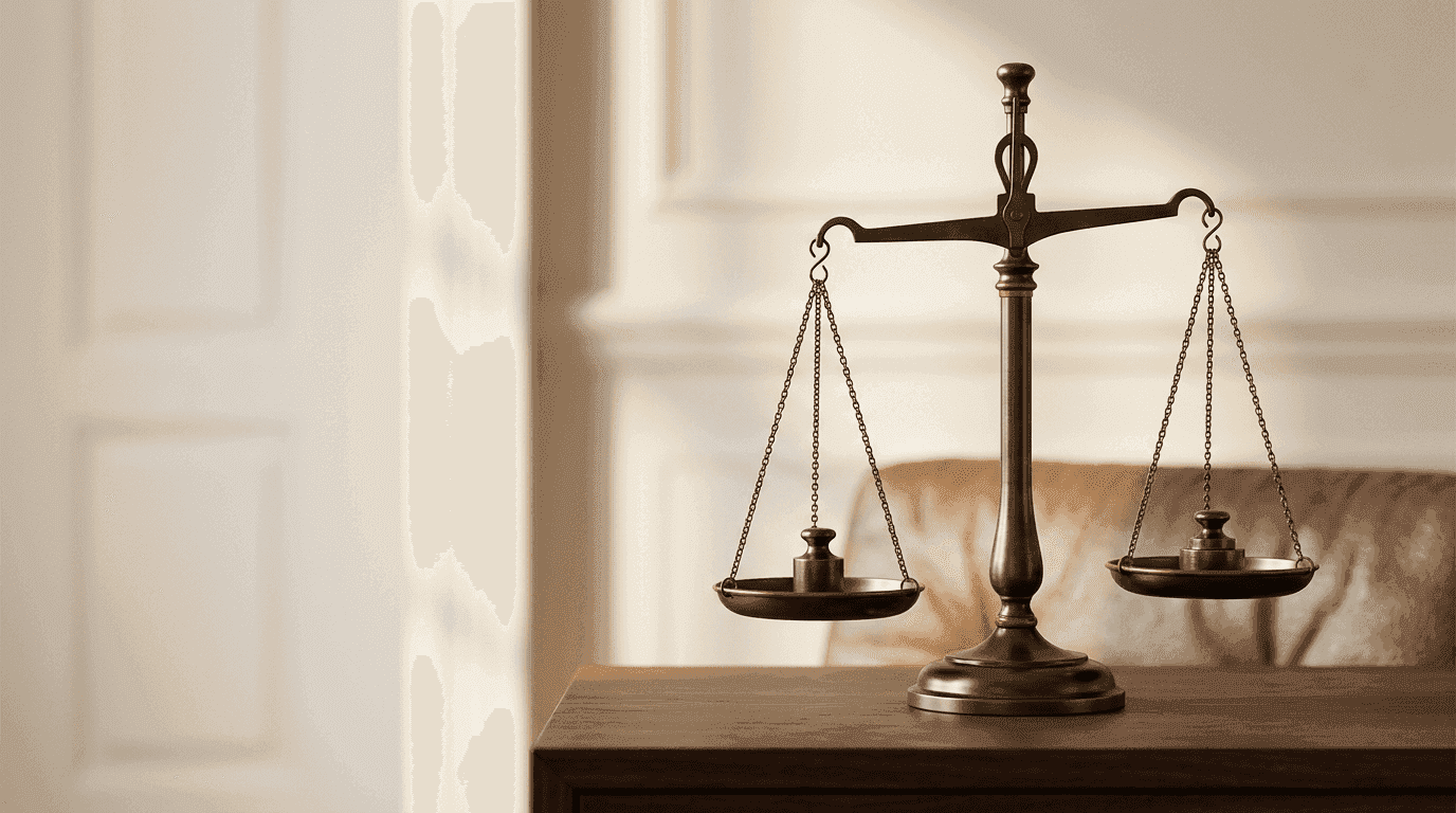 A bronze balance scale with a weight in each pan, representing the choice between fair value and value in use in IFRS intangible asset valuation