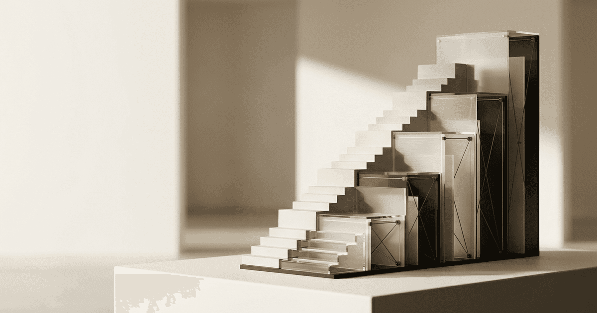 Abstract editorial still life for the intangible assets lifecycle: a cream stepped model rising beside nested glass and dark frames on a pale plinth, suggesting assets built and protected stage by stage