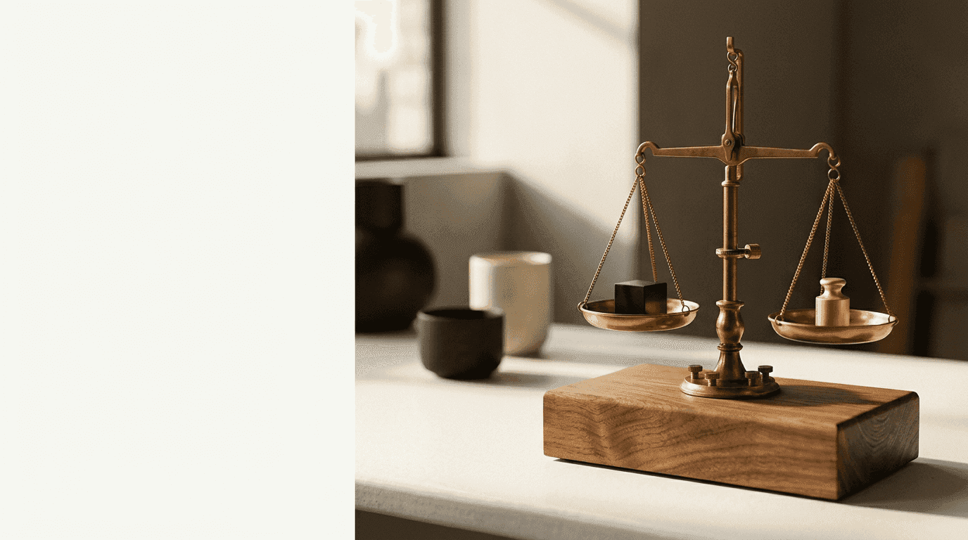 Brass balance scale on a wooden block in warm editorial light, representing the measured intangible asset valuation figures returned by the Opagio API