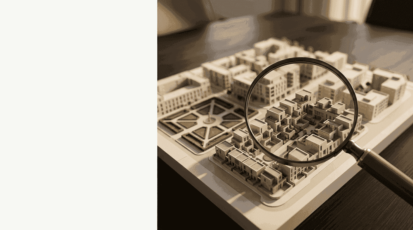 Editorial still life representing intangible assets due diligence — a magnifying glass held over a scale architectural model of a district, resolving individual structures out of the whole, in warm neutral tones