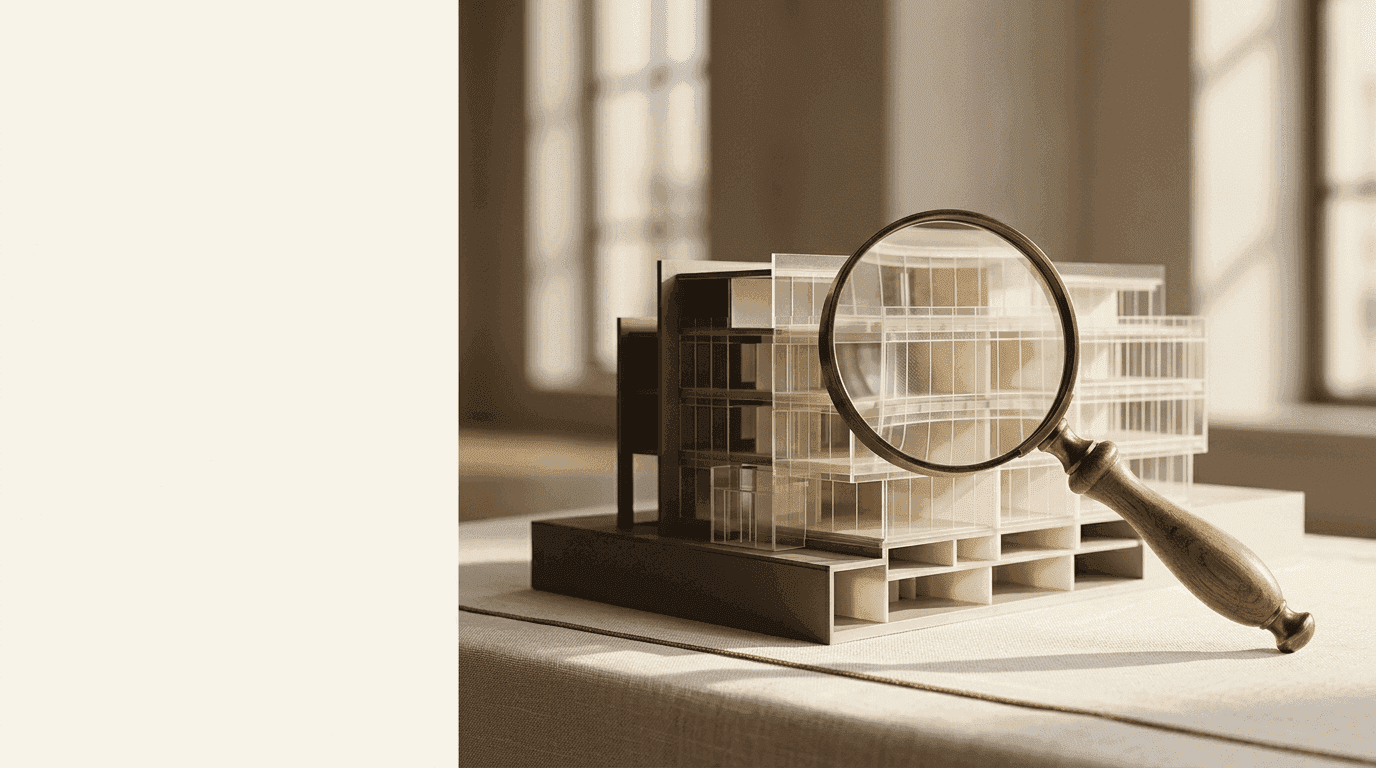 Abstract editorial illustration of a target business rendered as a translucent glass cube revealing hidden interlocking layers within, in warm neutral tones with a gold accent representing invisible intangible value