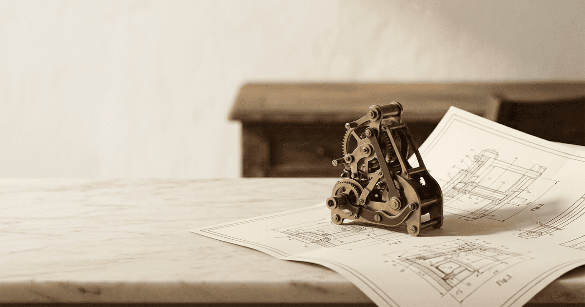 A brass mechanism resting on patent drawings on a pale stone desk, representing an IP audit that records a business's inventions and other intellectual property and checks who owns them