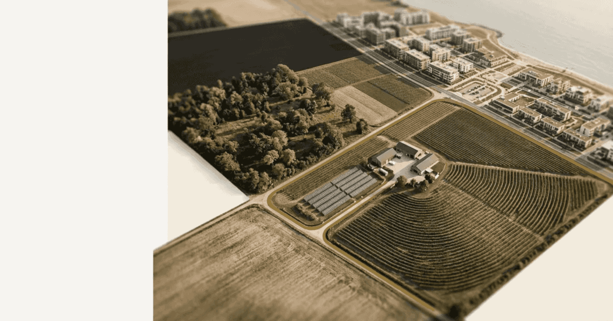 Aerial view of a scale-model landscape for the IPEV Guidelines 2025: vineyards, woodland, farmland, solar panels and a coastal town divided into separate plots by gold-edged roads, suggesting a fund's portfolio of distinct investments, each valued in its own right