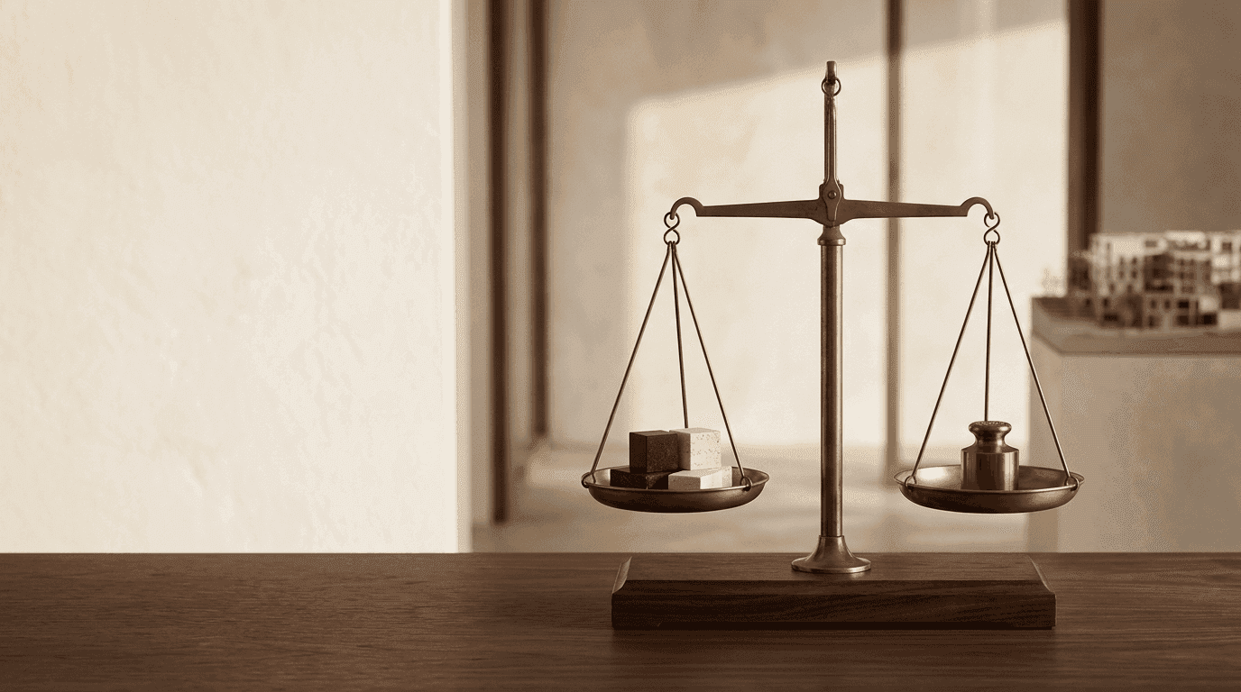 A brass balance scale on a walnut desk weighing small stone blocks against a gold weight, representing how an IPO readiness checklist weighs the intangible assets behind a listing valuation