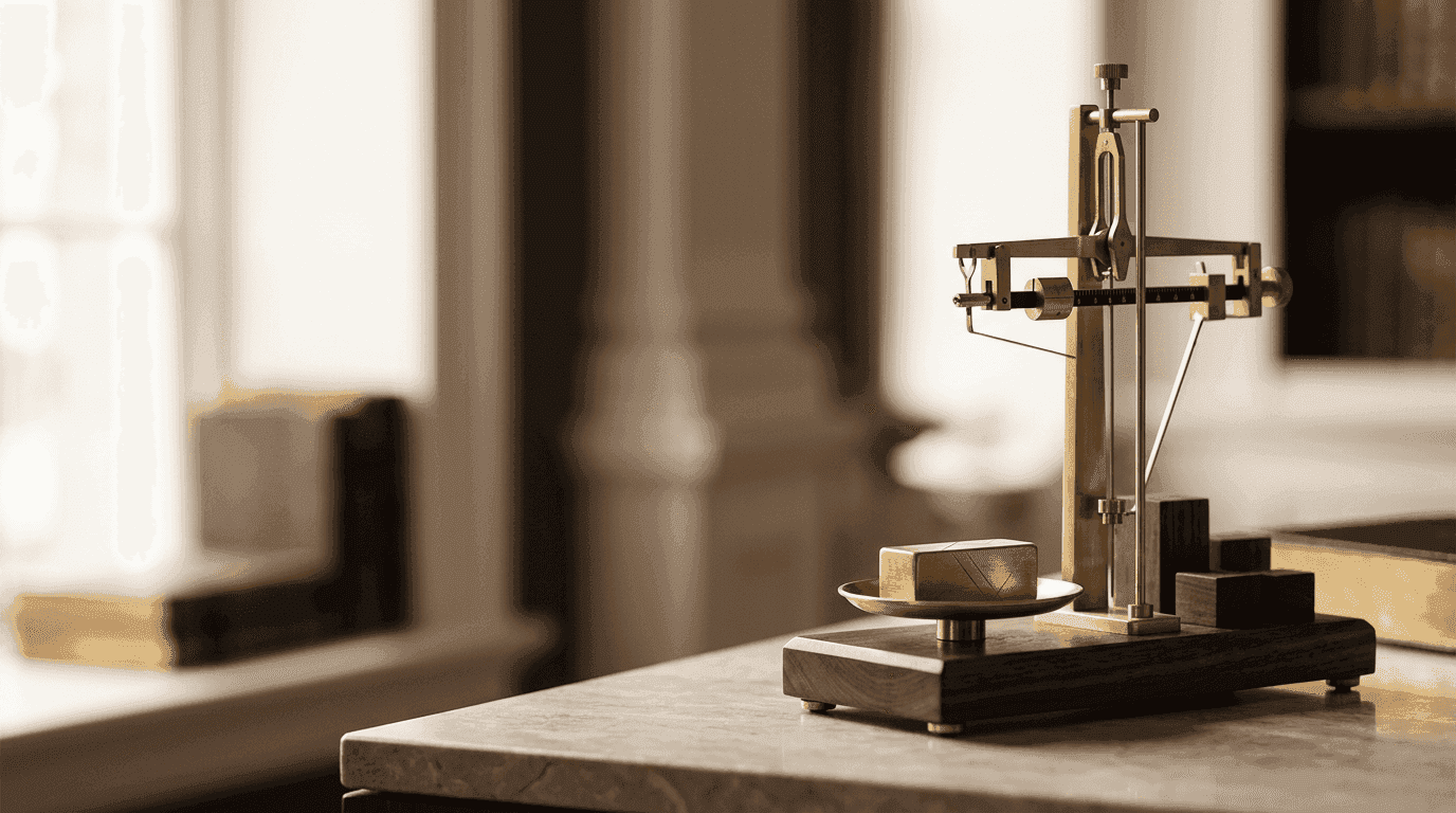 A brass precision balance weighing a gold block against stacked weights on a stone desk, representing how IPO valuation methods weigh the evidence behind a listing price