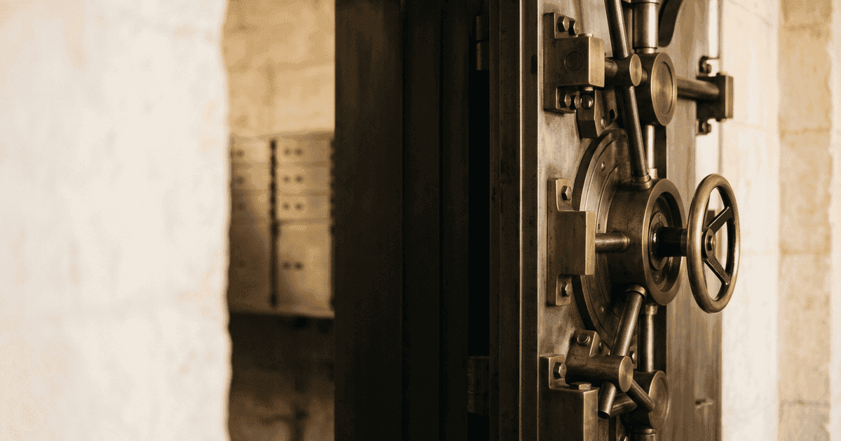 A heavy bank vault door standing ajar with a brass locking wheel, evoking the security lenders look for before extending loan maturity for intangible-rich SMEs