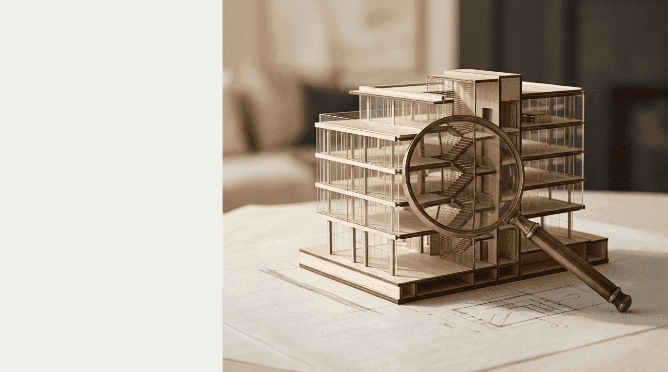 An architectural model examined through a magnifying glass on technical plans, representing how a long-form report examines the intangible assets behind a UK IPO