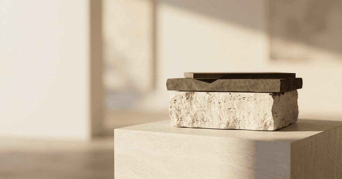 Three stacked slabs on a stone plinth, pale travertine at the base, charcoal slate above and a thin sliver of dark metal on top, representing the small, geared slice of ordinary equity a management incentive plan gives managers above the fund's preferred capital