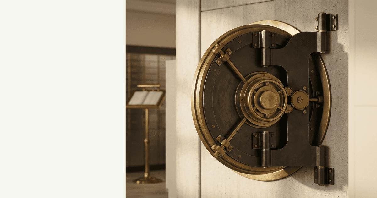 A brass bank vault door set in a pale stone wall, representing non-dilutive funding: capital a business raises from lenders, grants and guarantee schemes without issuing new shares