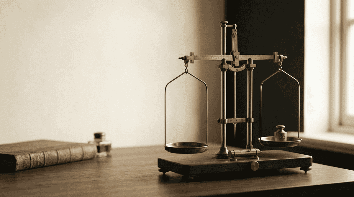 Antique brass balance scale on a wooden desk beside a leather-bound ledger in warm window light, one pan carrying a single calibration weight, representing the one verified delivery attempt Opagio makes for each outbound webhook event
