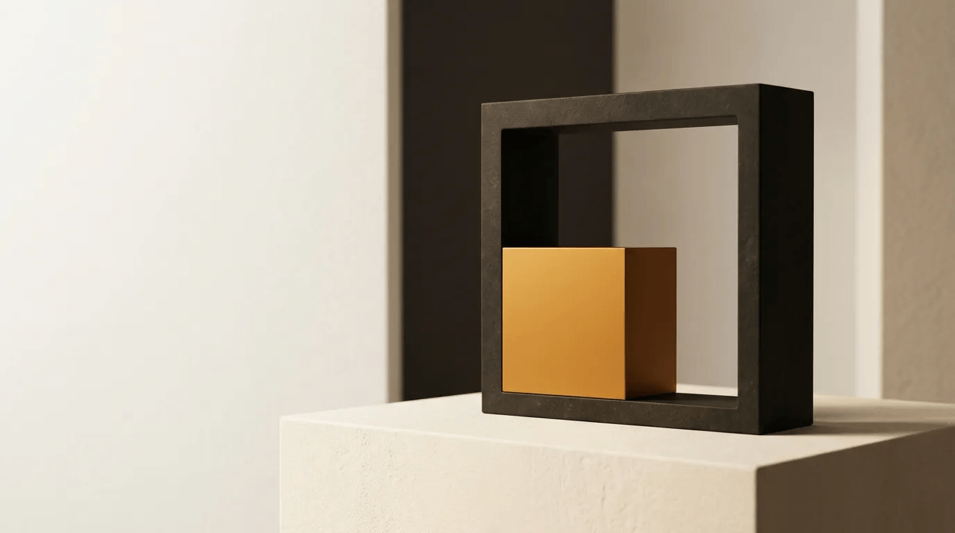 Abstract editorial still life for the UK Patent Box: a small orange block set inside a larger open charcoal frame on a cream surface, suggesting the share of company profits that qualifies for the 10% rate