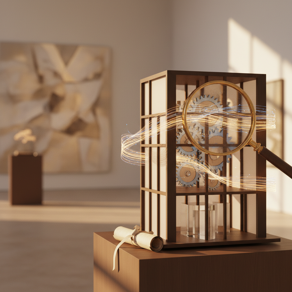 Abstract editorial illustration of private equity exit preparation showing intangible asset visibility driving valuation multiples