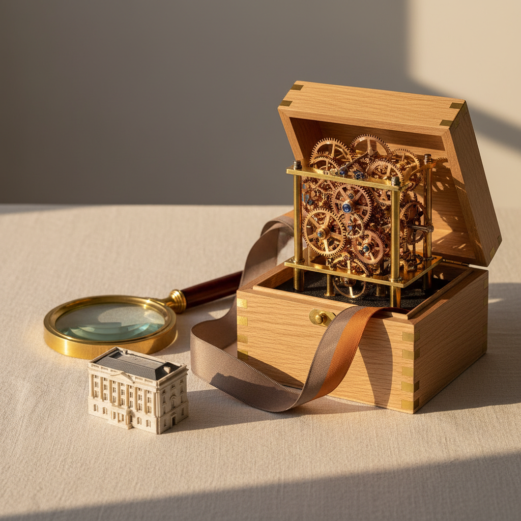 Abstract editorial illustration showing diverse professional figures converging on a central measurement framework for intangible assets