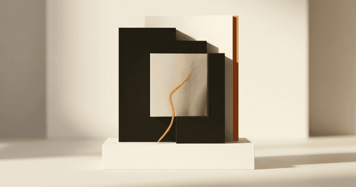 Abstract editorial still life for a quality of earnings report: interlocking charcoal and cream panels on a pale plinth, an inner panel framed by the outer layers with a thin orange line running through it, suggesting earnings tested layer by layer