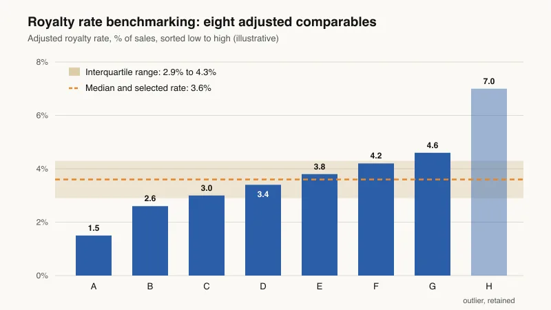 Bar chart for royalty rate benchmarking: eight adjusted comparable royalty rates from 1.5% to 7.0% of sales, with the interquartile range of 2.9% to 4.3% shaded and the median and selected rate of 3.6% marked