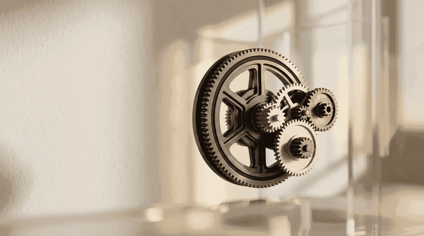 A large gear wheel driving smaller interlocking gears, representing SaaS configuration and customisation built on a supplier's platform under IAS 38