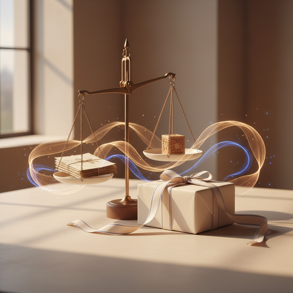 Abstract editorial illustration of valuation evidence and investor narrative building from intangible asset data