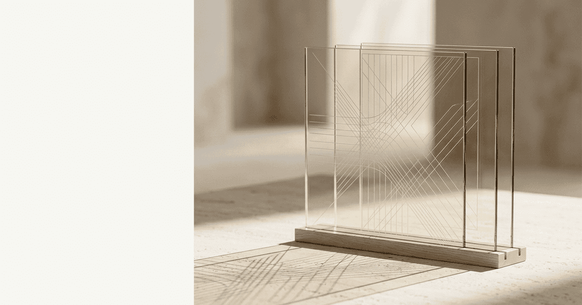 Three etched glass panes standing in an oak stand on pale stone, light passing cleanly through all three, representing vendor due diligence reports that let a buyer see through to a business's intangible assets before a sale