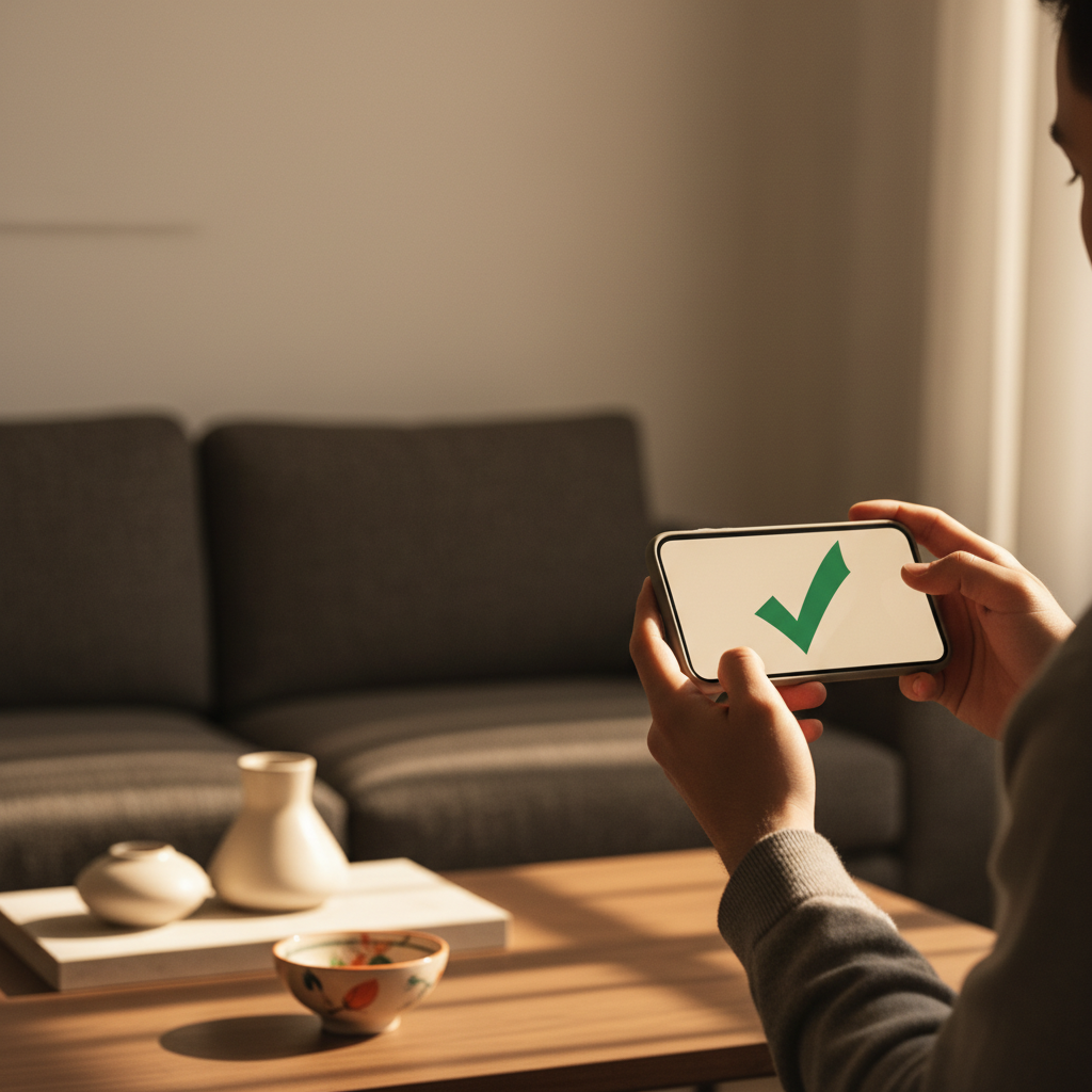 Hands holding a smartphone displaying a green eligibility checkmark for IP-backed lending