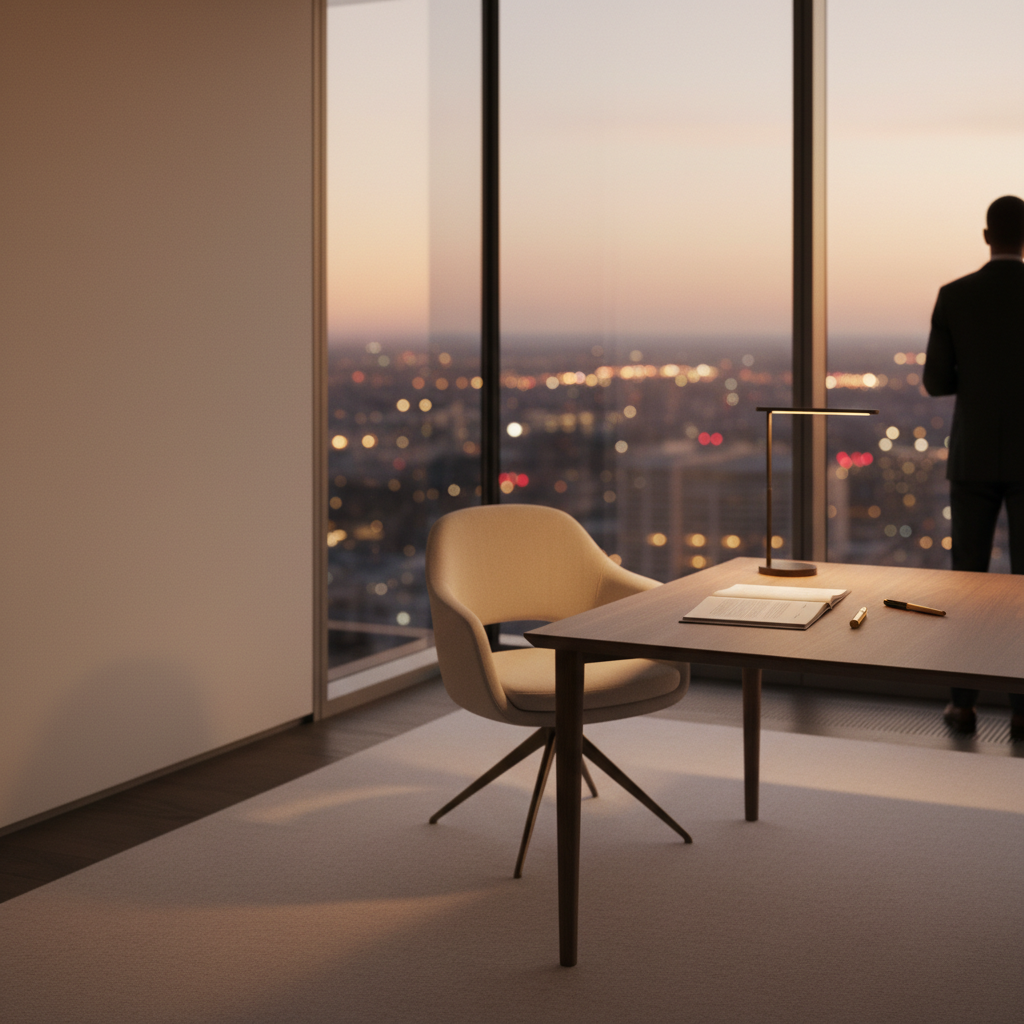 Glass-walled corner office with city dusk view and a document awaiting signature for HSBC growth lending