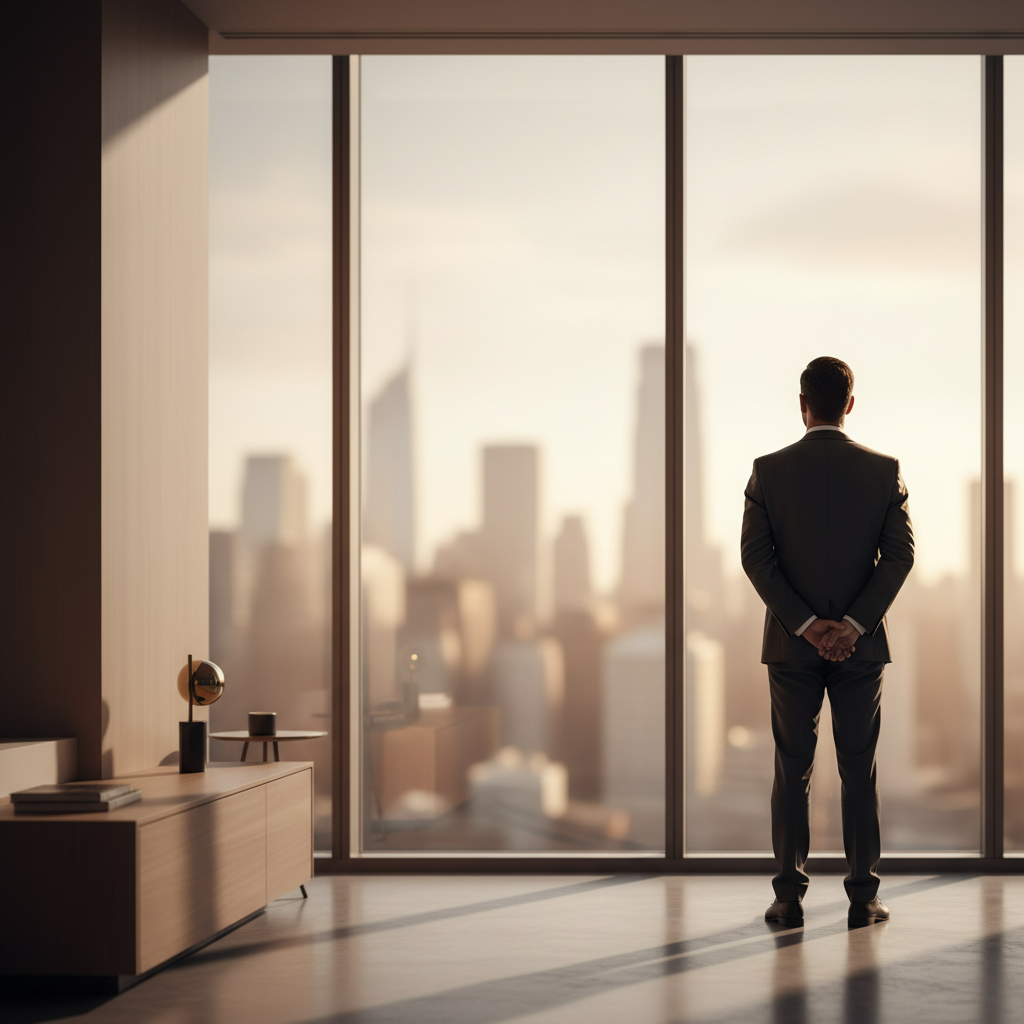Silhouetted executive overlooking a city skyline at golden hour, contemplating IP-backed lending opportunities
