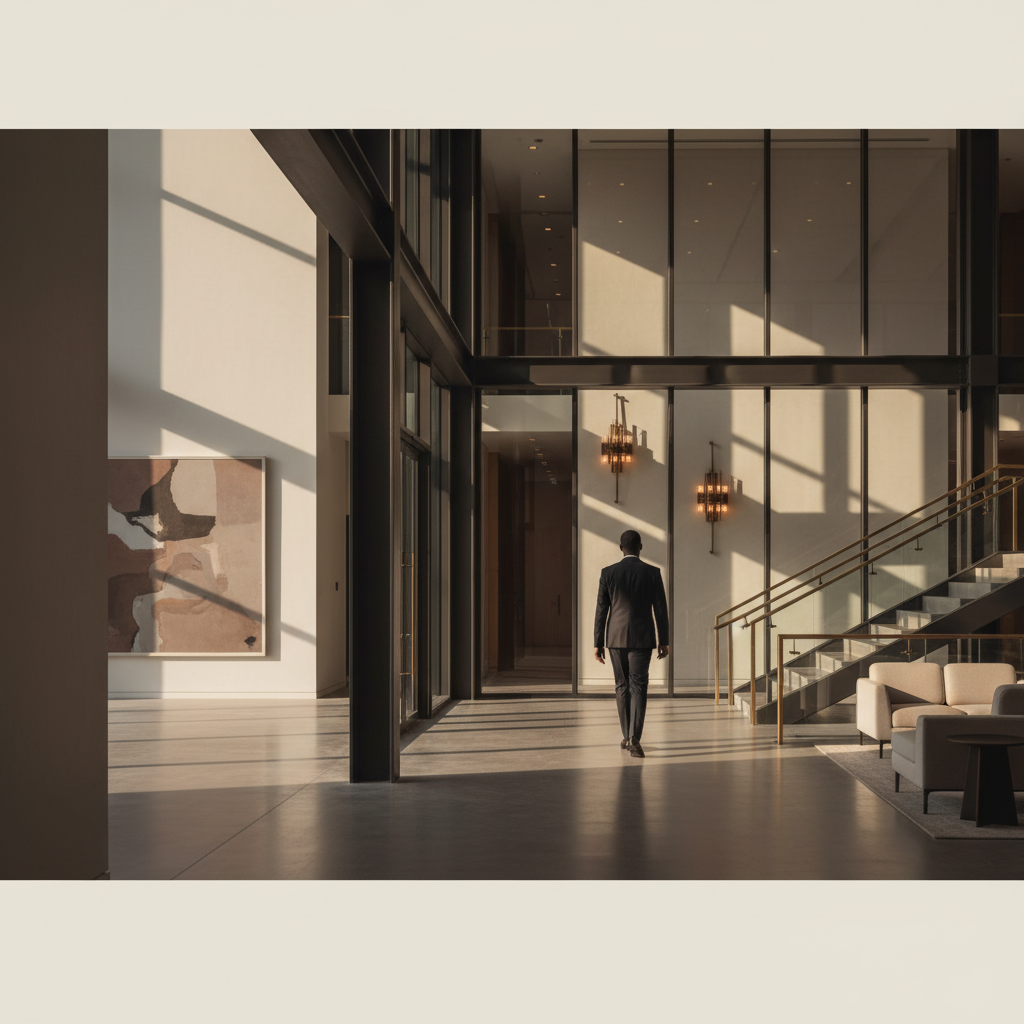 Modern banking lobby interior with warm lighting and architectural glass, representing NatWest IP lending