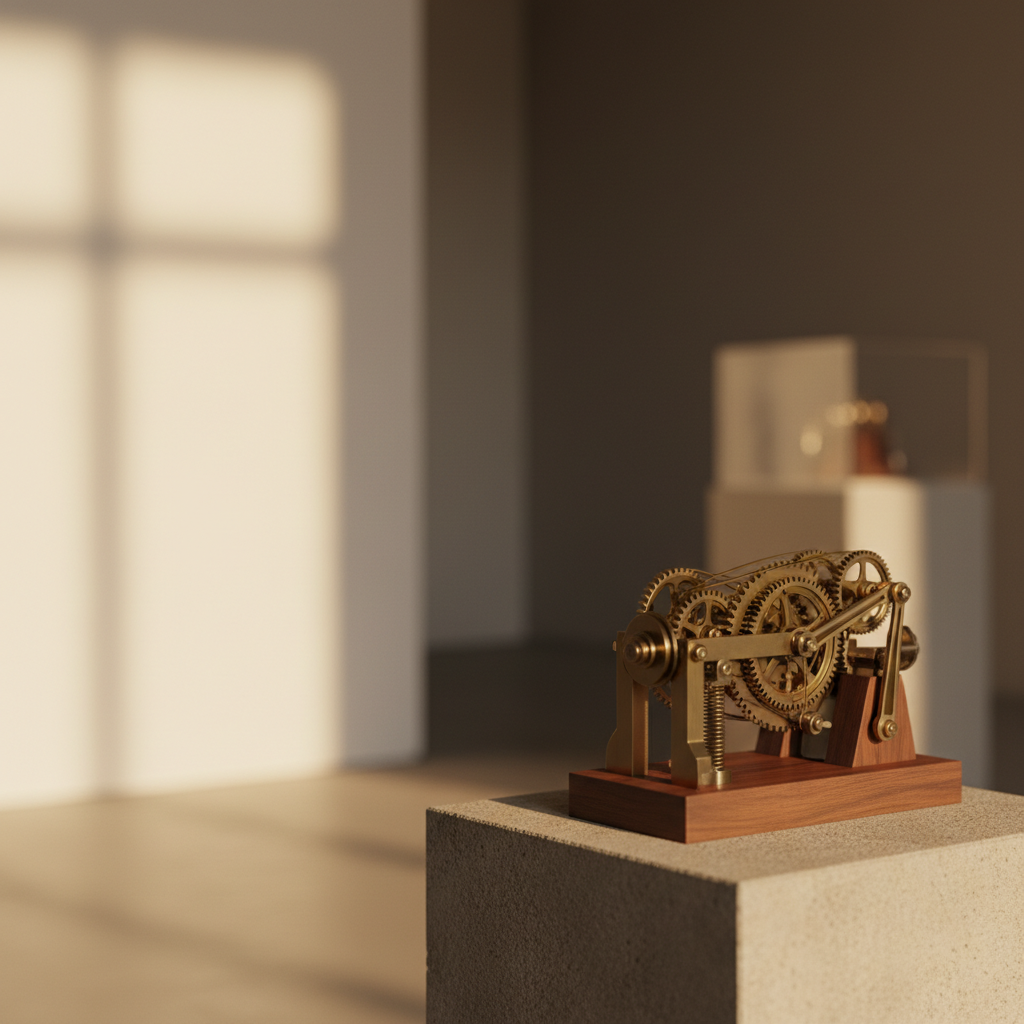 Precision engineering prototype under gallery lighting, representing patent-backed lending collateral