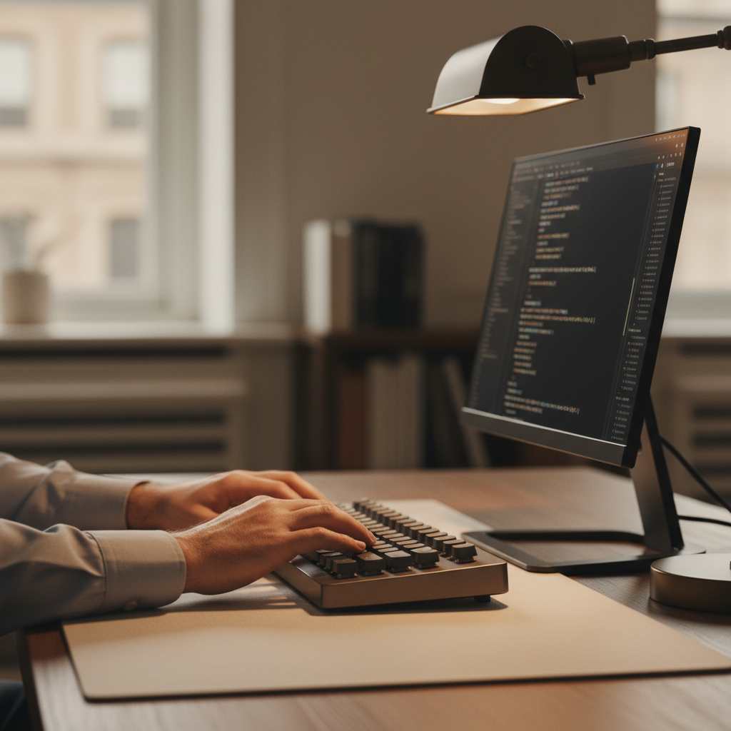 Developer hands on a mechanical keyboard with elegant code on screen, representing software IP collateral